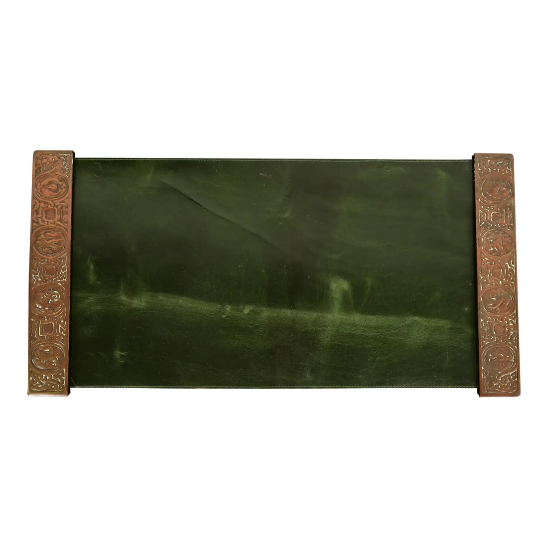 Tiffany Studios New York Zodiac Bronze Blotter Ends With Leather Desk Blotter: A gorgeous pair of Art Deco or Arts & Crafts period bronze blotter ends featuring symbols of the Zodiac with a custom green leather desk pad By Tiffany Studios (signed to the underside) New York, USA,