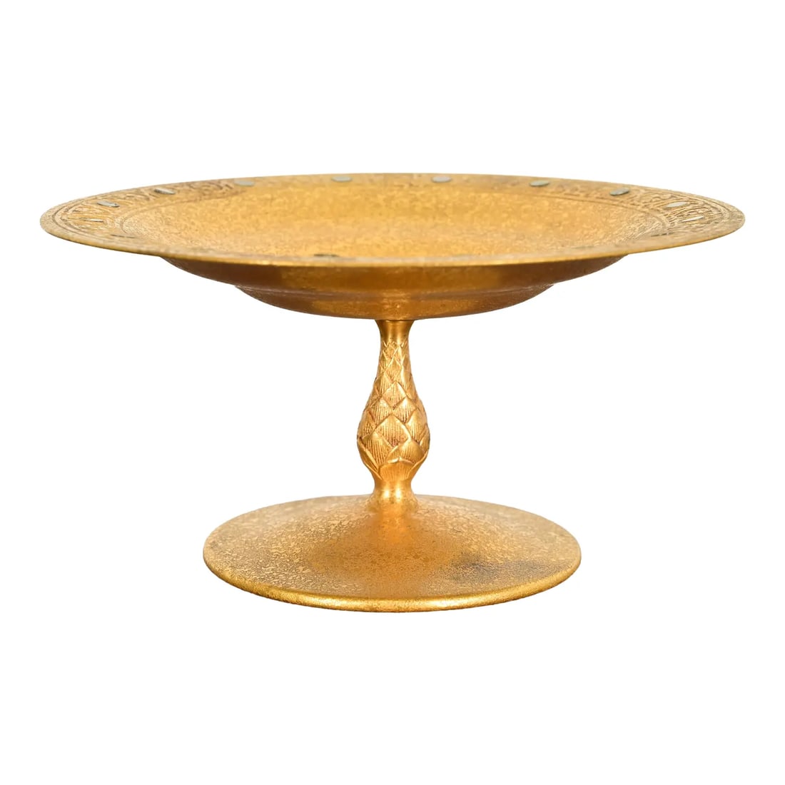 Tiffany Studios New York Bronze Doré Pedestal Bowl or Compote Dish With Abalone Inlay: A gorgeous antique Arts & Crafts or Art Deco period gilt bronze pedestal bowl or compote dish with abalone inlay By Tiffany Studios (signed to the underside) New York, USA, Early 20th Century Measures