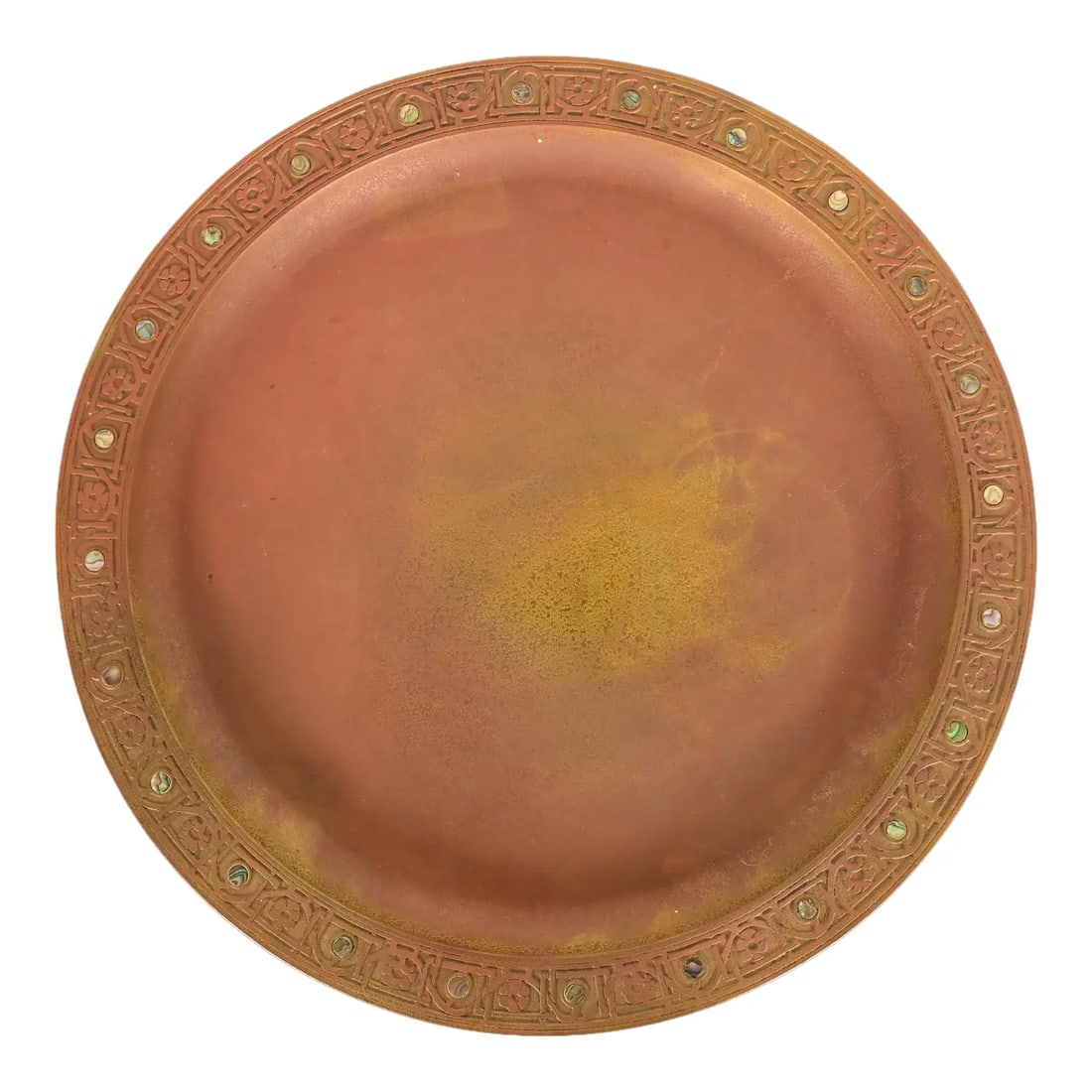 Tiffany Studios New York Bronze Large Tray With Abalone Inlay: A gorgeous Arts & Crafts or Art Deco period bronze large tray or charger plate with abalone inlay By Tiffany Studios (signed to the underside) New York, USA, Early 20th Century Measures: 14"W x 14"D x