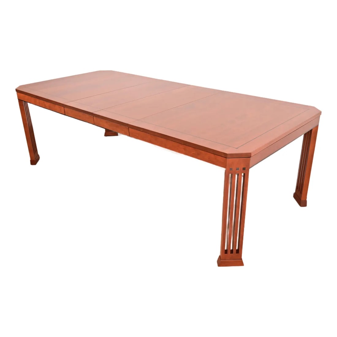 Stickley Mission Arts & Crafts Cherry Wood Extension Dining Table, Newly Refinished: An exceptional Mission or Arts & Crafts style extension dining table By Stickley USA, Circa Late 20th Century Gorgeous cherry wood, with inlaid ebony details. Measures: 68"W x 44"D x 30.25"H. Extends 