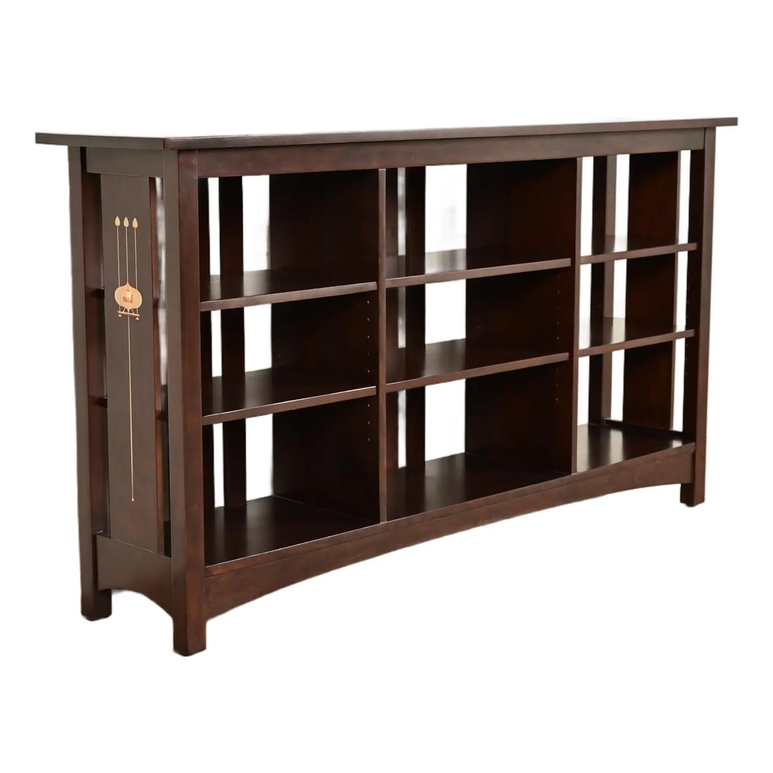 Stickley Harvey Ellis Collection Mission Arts & Crafts Inlaid Cherry Wood Slatted Triple Bookcase: An exceptional Mission or Arts & Crafts style slatted triple bookcase By Stickley, "Harvey Ellis Collection" USA, Circa Early 21st Century Solid cherry wood, with inlaid marquetry. Shelves are removab