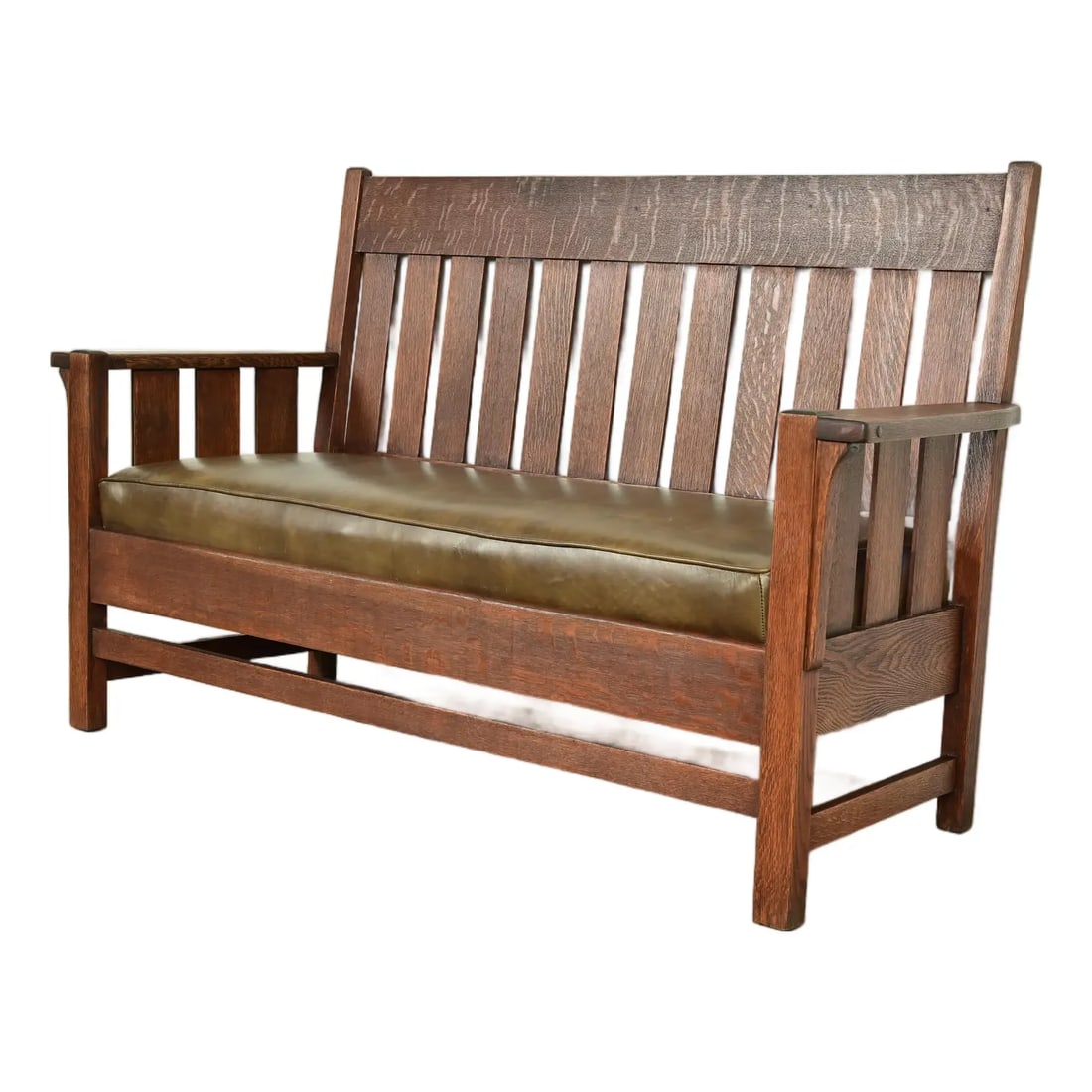 J. M. Young & Sons Antique Mission Oak Arts & Crafts Bench or Settle Sofa, Circa 1910: An exceptional antique Mission or Arts & Crafts period bench, settle sofa, settee, or love seat In the manner of Gustav Stickley By J.M. Young & Sons USA, Circa 1910 Gorgeous quarter sawn oak frame, w
