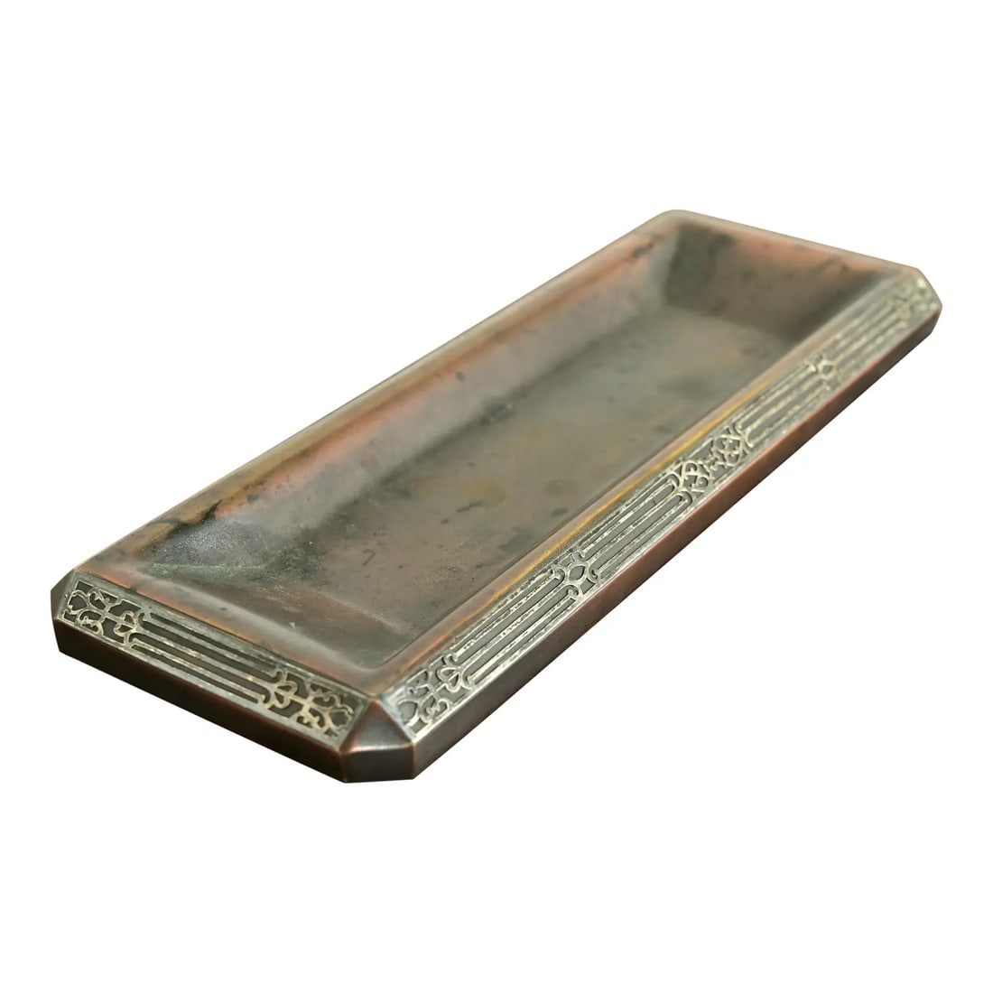 Heintz Arts & Crafts Sterling Silver on Bronze Pen Tray: A gorgeous antique Arts & Crafts or Art Deco sterling silver on bronze pen tray or desk tray By Heintz Art Metal Shop USA, Early 20th Century Measures: 9.5"W x 3.5"D x 0.75"H Good original vintage con