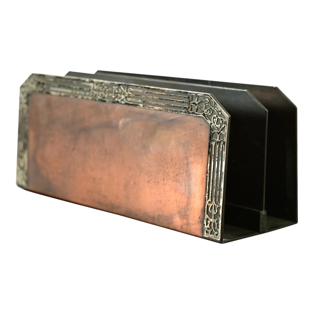 Heintz Arts & Crafts Sterling Silver on Bronze Letter Rack: A gorgeous antique Arts & Crafts or Art Deco period sterling silver on bronze desk letter holder rack By Heintz Art Metal Shop USA, Early 20th Century Measures: 6.25"W x 2.25"D x 2.75"H Good original 