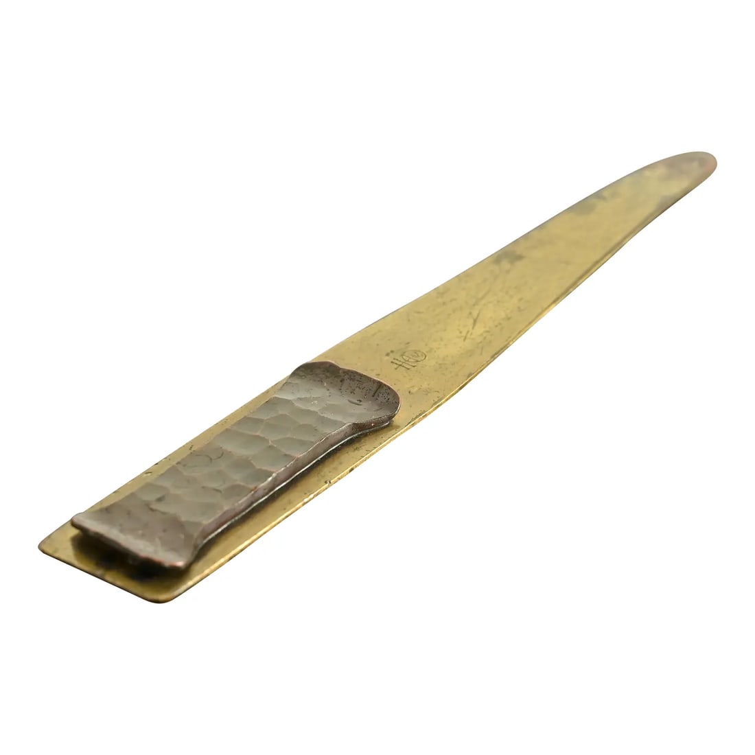 Roycroft Arts & Crafts Hammered Brass Over Copper Letter Opener: A gorgeous Arts & Crafts period brass finished hand hammered copper letter opener By Roycroft (signed with impressed orb and cross mark) USA, Early 20th Century Measures: 7.75"W x 1.25"D x 0.25"H. Goo