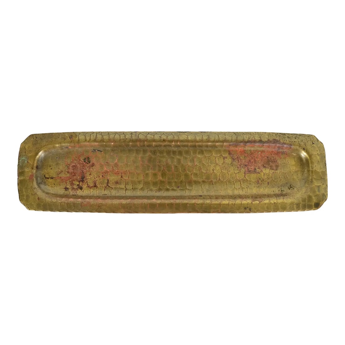 Roycroft Arts & Crafts Brass Finished Hammered Copper Pen Tray: A gorgeous Arts & Crafts period brass finished hand hammered copper pen tray By Roycroft (signed with impressed orb and cross mark) USA, Early 20th Century Measures: 9.5"W x 2.5"D x 0.25"H. Good origi