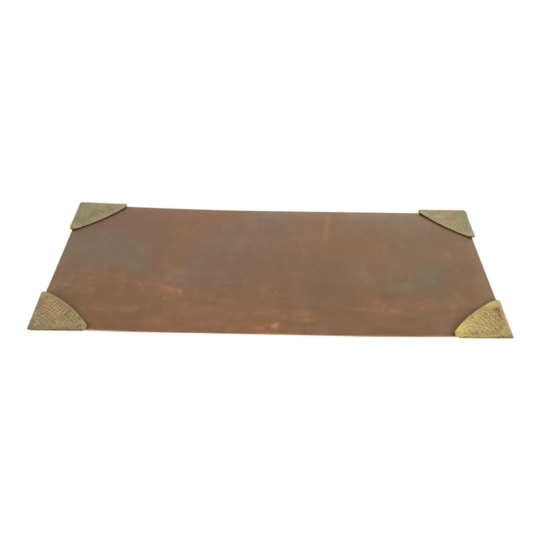 Roycroft Arts & Crafts Brass Finished Hammered Copper Blotter Corners With Leather Desk Blotter: A gorgeous set of Arts & Crafts period brass finished hand hammered copper blotter corners with brown leather desk blotter By Roycroft (signed with impressed orb and cross mark) USA, Circa 1920s Each 