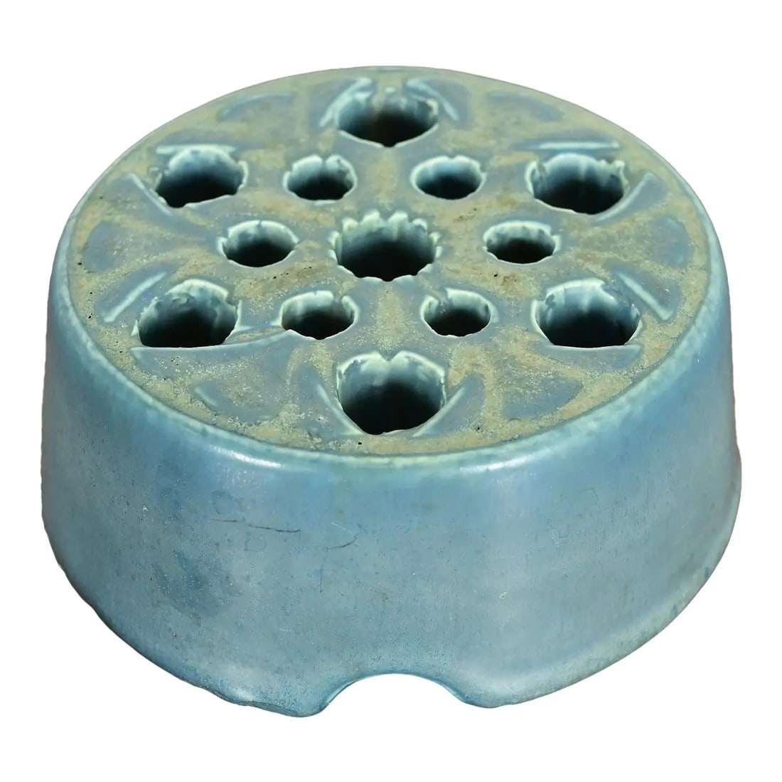 Rookwood Pottery Arts & Crafts Glazed Ceramic Art Pottery Flower Frog, 1919: A gorgeous antique Arts & Crafts period glazed ceramic art pottery vase flower frog By Rookwood Pottery USA, 1919 Glazed ceramic, in a beautiful light blue color. Measures: 4.25"W x 4.25"D x 1.75"H. G