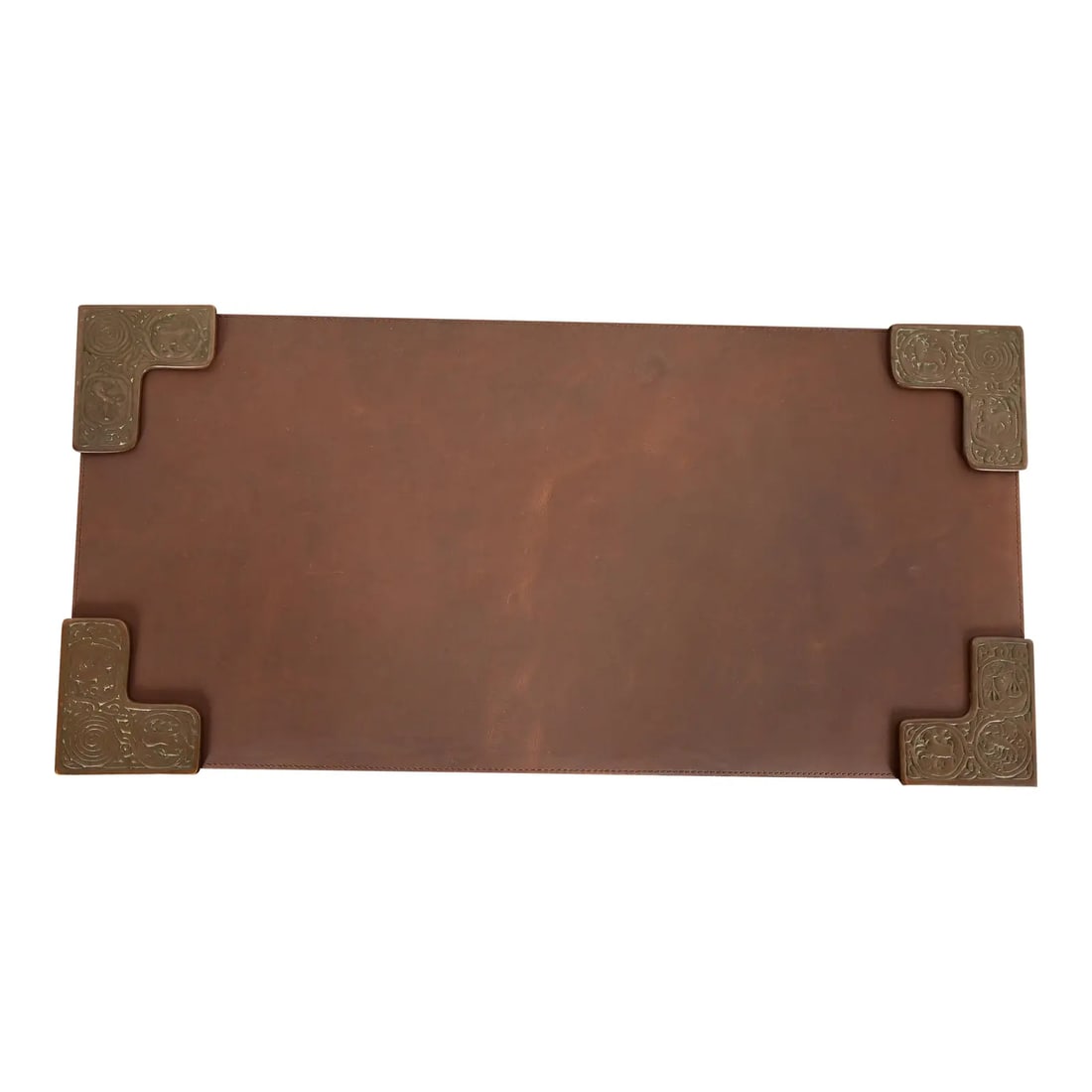 Tiffany Studios New York Zodiac Pattern Bronze Blotter Corners With Leather Desk Blotter: A gorgeous set of four antique Art Deco or Arts & Crafts period bronze blotter corners featuring symbols of the Zodiac, with a custom brown leather desk blotter. By Tiffany Studios (blotter corners si