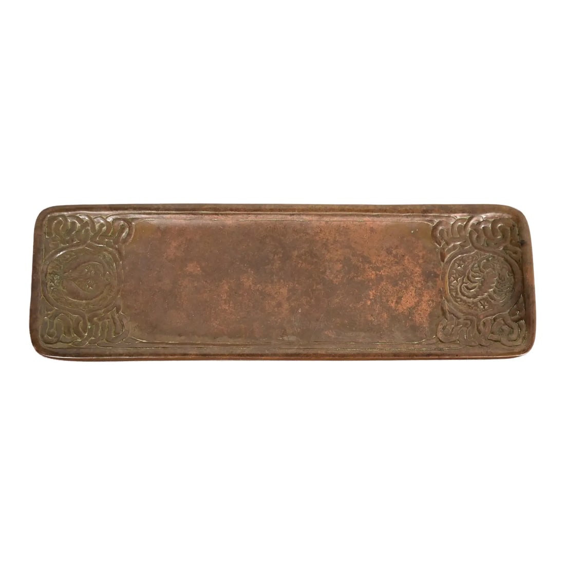 Tiffany Studios New York Zodiac Pattern Bronze Pen Tray: A gorgeous antique bronze pen tray or desk tray featuring Zodiac designs By Tiffany Studios (signed to the underside) New York, USA, Early 20th Century Measures: 10"W x 3.25"D x 0.5"H Good original vi