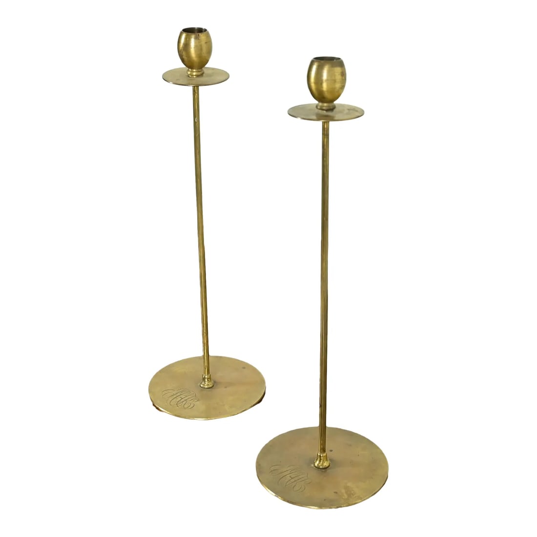Robert Jarvie Style Antique Arts & Crafts Turned Brass Tall Candlesticks, Pair (1 of 11)
