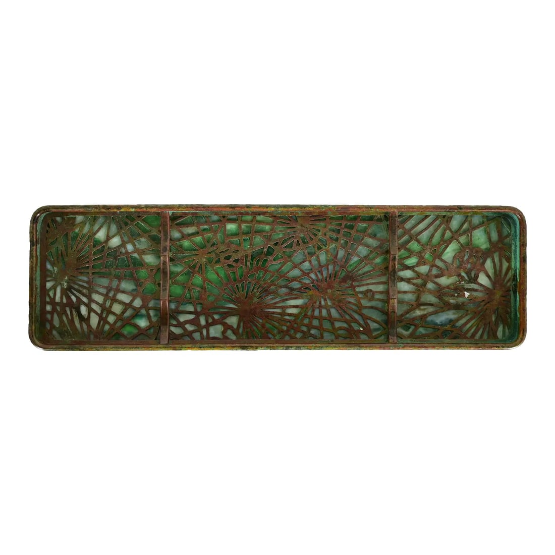 Tiffany Studios New York Pine Needle Bronze and Favrile Slag Glass Pen Tray: A gorgeous antique Arts & Crafts or Art Deco period bronze and Favrile slag glass "Pine Needle" pattern pen tray or desk tray By Tiffany Studios (signed to the underside) New York, USA, Early 20th Cen