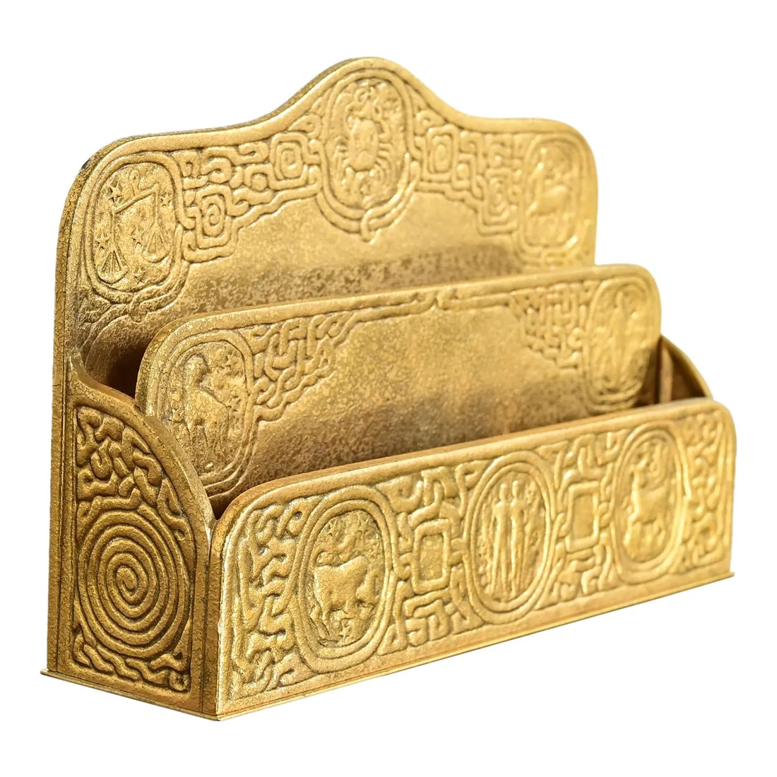 Tiffany Studios New York Zodiac Pattern Bronze Doré Letter Rack: A gorgeous antique Arts & Crafts or Art Deco period gilt bronze "Zodiac" pattern desk letter holder rack By Tiffany Studios (signed to the underside) New York, USA, Early 20th Century Measures: 9.5"W 