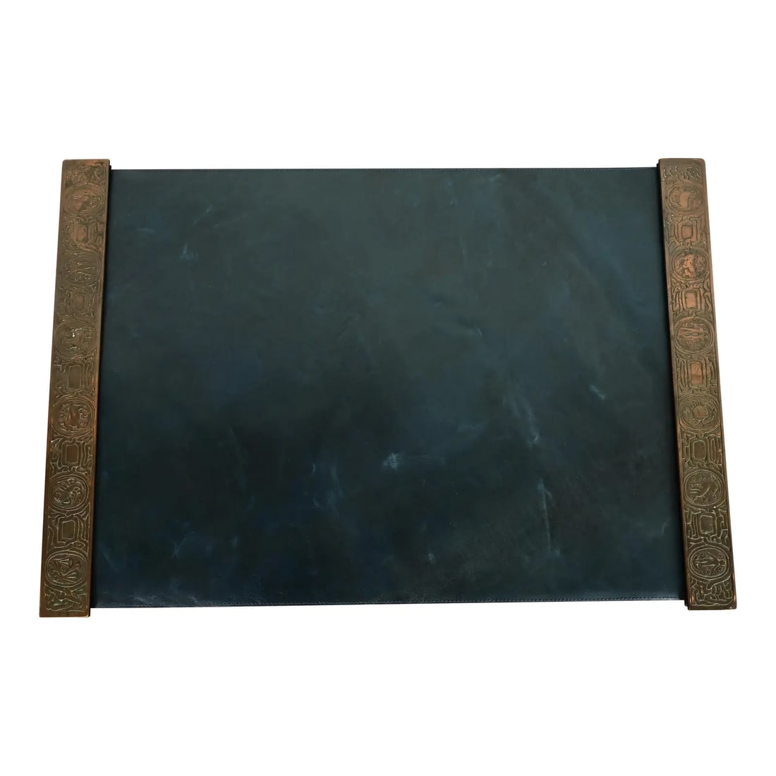 Tiffany Studios New York Zodiac Pattern Bronze Blotter Ends With Leather Desk Blotter: A gorgeous pair of antique Art Deco or Arts & Crafts period bronze blotter ends featuring symbols of the Zodiac with a custom blue leather desk pad By Tiffany Studios (blotter ends signed to the under