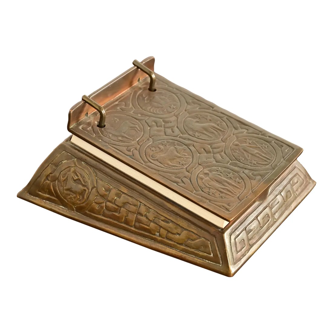 Tiffany Studios New York Zodiac Pattern Bronze Perpetual Desk Calendar or Memo Pad Holder: A gorgeous antique Arts & Crafts or Art Deco period "Zodiac" pattern bronze perpetual desk calendar holder or stationery holder By Tiffany Studios (signed to the underside) New York, USA, Early 20th C