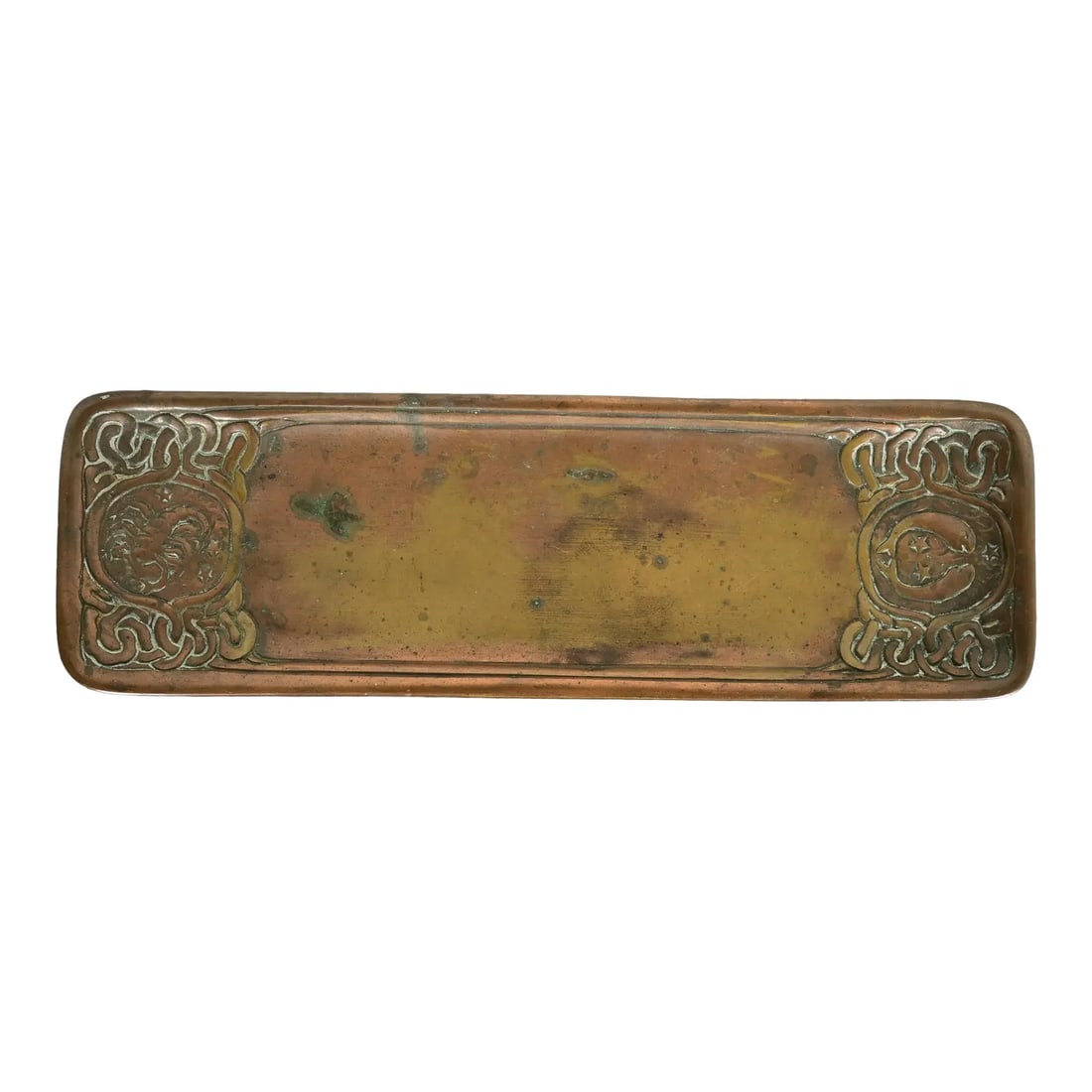 Tiffany Studios New York Zodiac Pattern Bronze Pen Tray: A gorgeous antique Arts & Crafts or Art Deco period bronze pen tray or desk tray featuring Zodiac designs By Tiffany Studios (signed to the underside) New York, USA, Early 20th Century Measures: 10"W 