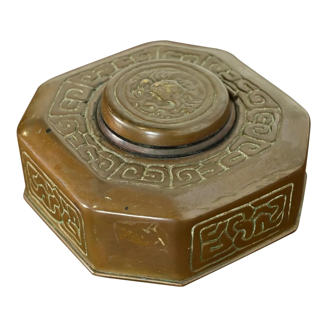 Tiffany Studios New York Zodiac Pattern Bronze Inkwell: A gorgeous antique Arts & Crafts or Art Deco period "Zodiac" pattern bronze inkwell By Tiffany Studios (signed to the underside) New York, USA, Early 20th Century Measures: 4"W x 4"D x 2.5"H. Good ori