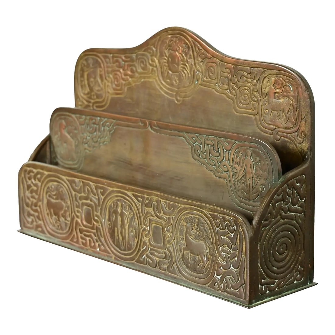 Tiffany Studios New York Zodiac Pattern Bronze Letter Rack: A gorgeous antique Arts & Crafts or Art Deco period bronze "Zodiac" pattern desk letter holder rack By Tiffany Studios (signed to the underside) New York, USA, Early 20th Century Measures: 9.5"W x 2.5