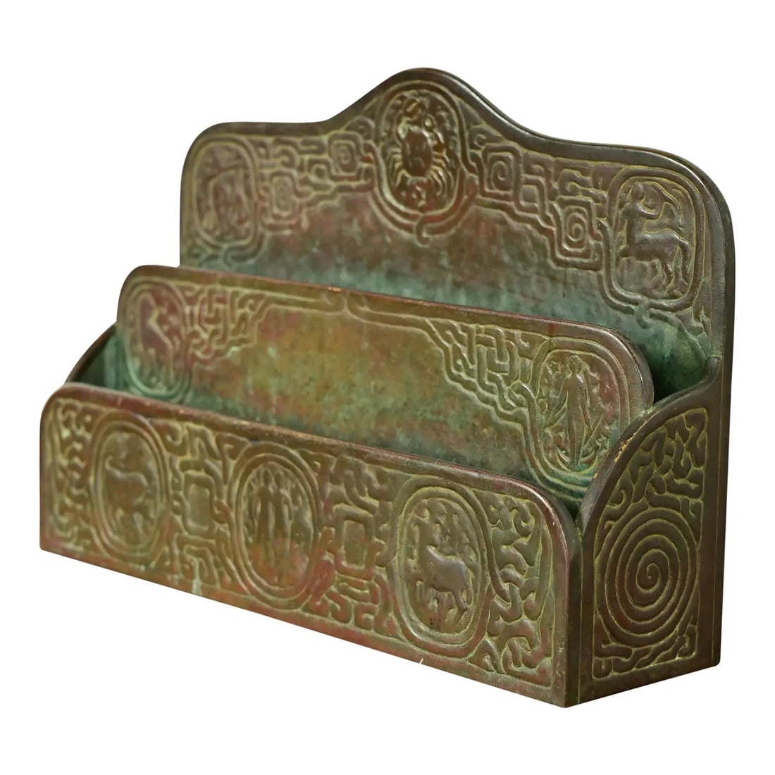 Tiffany Studios New York Zodiac Pattern Bronze Letter Rack: A gorgeous antique Arts & Crafts or Art Deco period patinated bronze "Zodiac" pattern desk letter holder rack By Tiffany Studios (signed to the underside) New York, USA, Early 20th Century Measures: 9