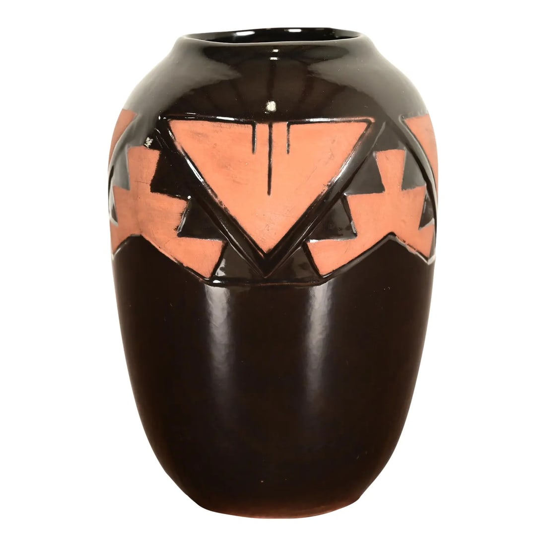 Navajo Glazed Ceramic Vase: A gorgeous Navajo style glazed ceramic art pottery vase USA, Circa Late 20th Century Glazed ceramic, in a beautiful black and Terra Cotta color. Measures: 4"W x 4"D x 5.75"H. Very good original vintag