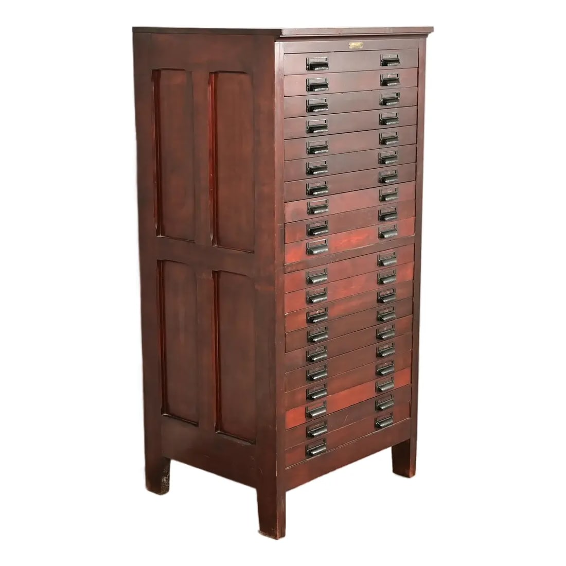 Antique Arts & Crafts Mahogany 20-Drawer Architect's Blueprint Flat File Cabinet by Hamilton: A rare and exceptional antique Arts & Crafts 20-drawer architect's blueprint flat file cabinet, map file, or printer's cabinet By Hamilton Manufacturing Co. USA, Circa 1900 Mahogany, with original iro