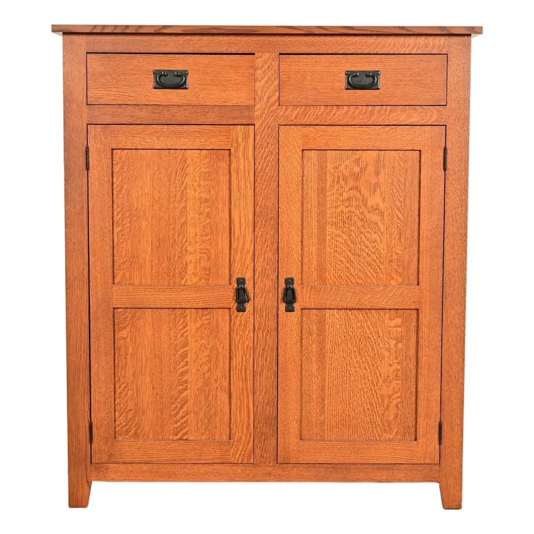 Stickley Style Mission Oak Arts & Crafts Bookcase or Bar Cabinet: A beautiful Mission or Arts & Crafts bookcase, cupboard, or bar cabinet In the manner of L. & J.G. Stickley USA, Circa Late 20th Century Gorgeous quarter sawn oak, with original hardware. Interior she