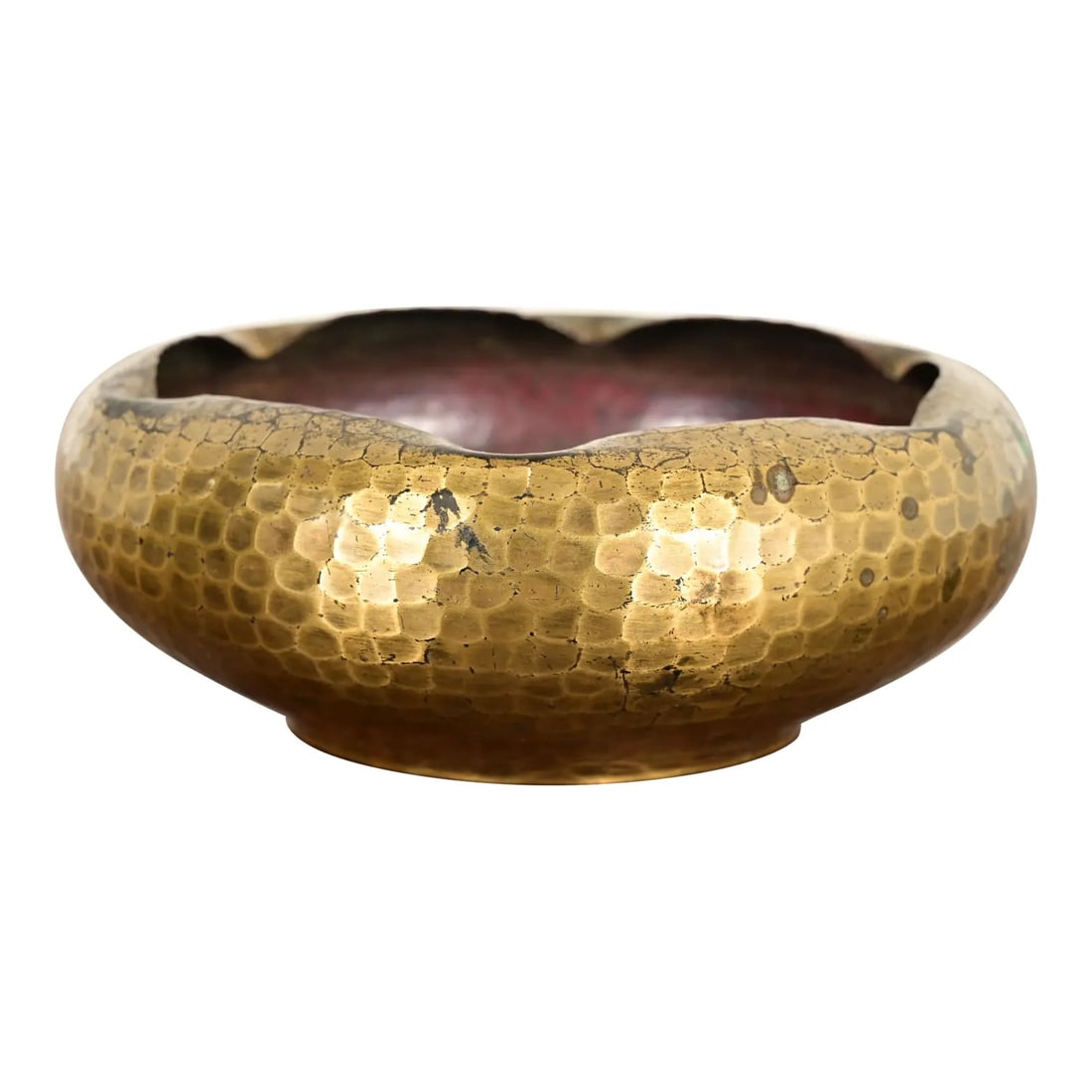Roycroft Antique Arts & Crafts Brass Over Hammered Copper Bowl, Circa 1920s: A gorgeous Arts & Crafts period brass finished hand hammered copper bowl By Roycroft (signed with impressed orb and cross mark) USA, Circa 1920s Measures: 6.5"W x 6.5"D x 2.5"H. Good original vintage 