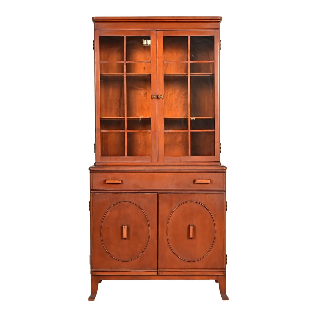 Stickley Brothers Antique Art Deco Maple Breakfront Bookcase Cabinet, Circa 1920s: A gorgeous antique Art Deco period breakfront bookcase cabinet or dining cabinet By Stickley Brothers USA, CIrca 1920s Gorgeous carved maple, with mullioned glass front doors. Interior shelves are rem