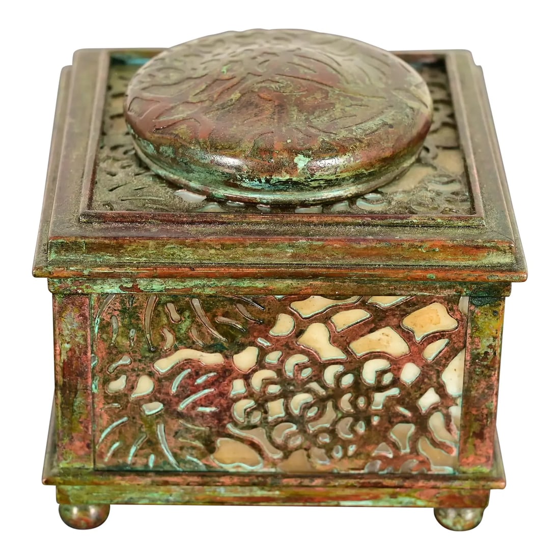 Tiffany Studios New York Grapevine Bronze and Favrile Slag Glass Inkwell (1 of 13)