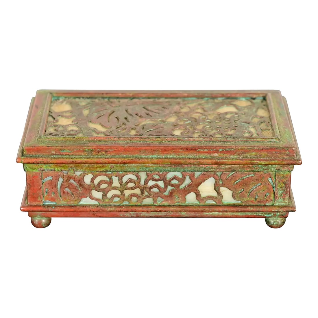 Tiffany Studios New York Grapevine Pattern Bronze and Favrile Slag Glass Box (1 of 15)