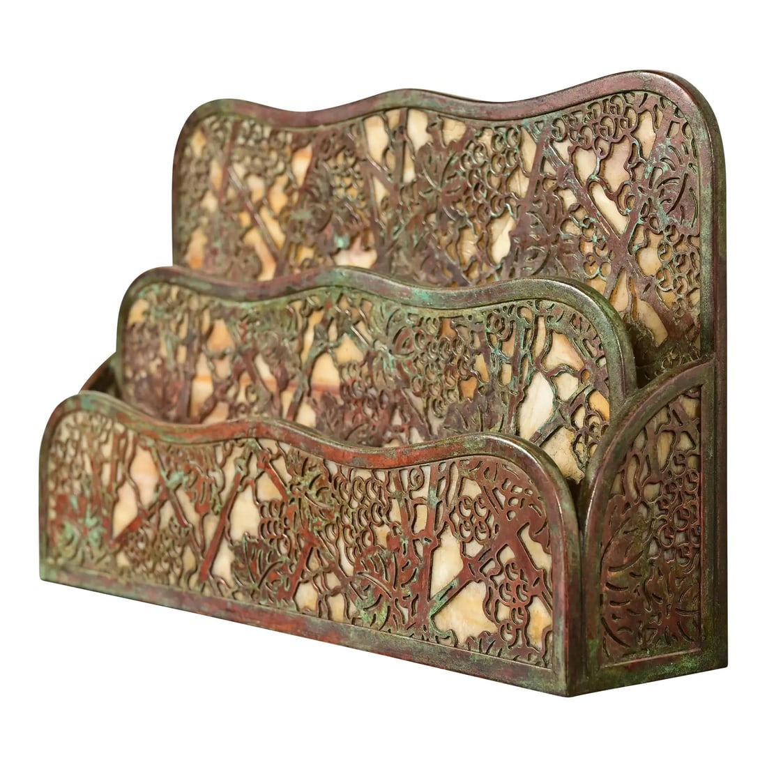 Tiffany Studios New York Grapevine Pattern Bronze and Favrile Slag Glass Letter Rack: A gorgeous antique Arts & Crafts or Art Deco period bronze and Favrile slag glass "Grapevine" pattern desk letter holder rack By Tiffany Studios (signed to the underside) New York, USA, Early 20th Cen