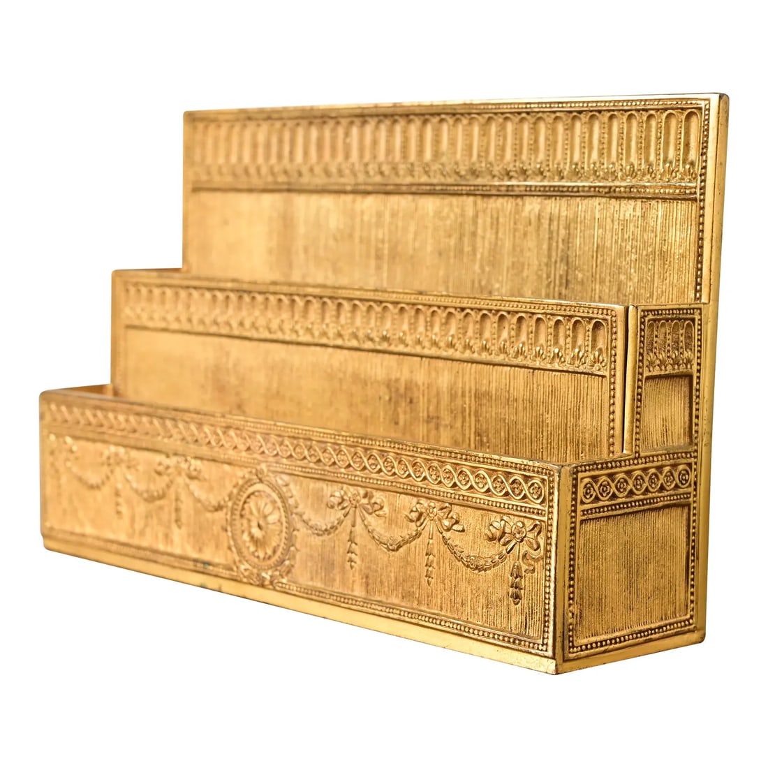 Tiffany Studios New York Adam Pattern Bronze Doré Letter Rack: A gorgeous antique Neoclassical or Adam style gilt bronze desk letter holder rack By Tiffany Studios (signed to the underside) New York, USA, Early 20th Century Measures: 9.5"W x 2.5"D x 6"H Good orig