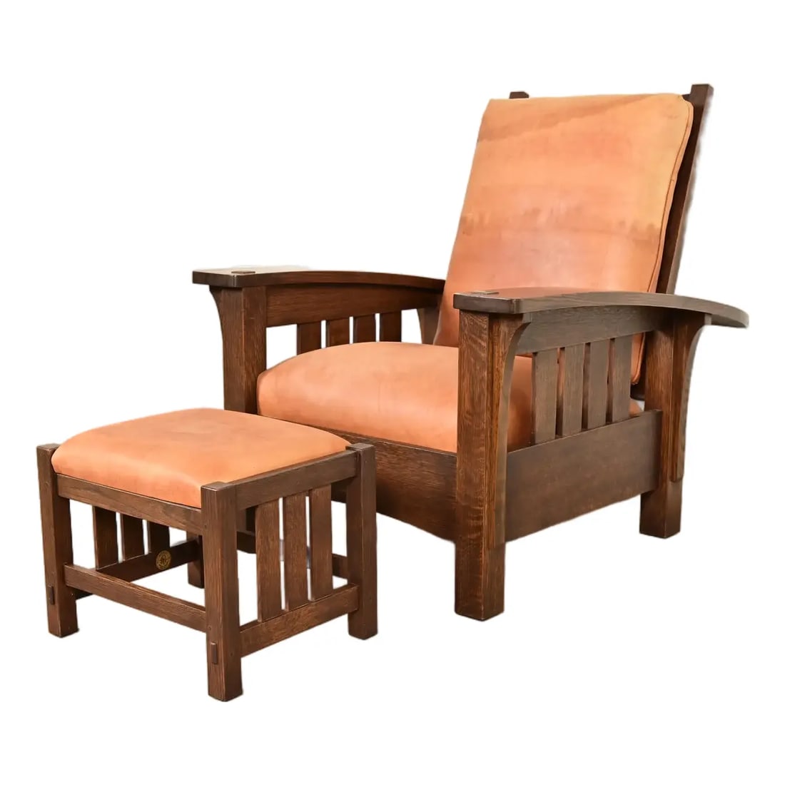Stickley Mission Oak Arts & Crafts Bow Arm Reclining Morris Lounge Chair With Ottoman: An exceptional Mission or Arts & Crafts bow arm Morris reclining lounge chair with ottoman By L. & J.G. Stickley USA, 1995 Solid quarter sawn oak frame, with leather upholstered seat and back cushions