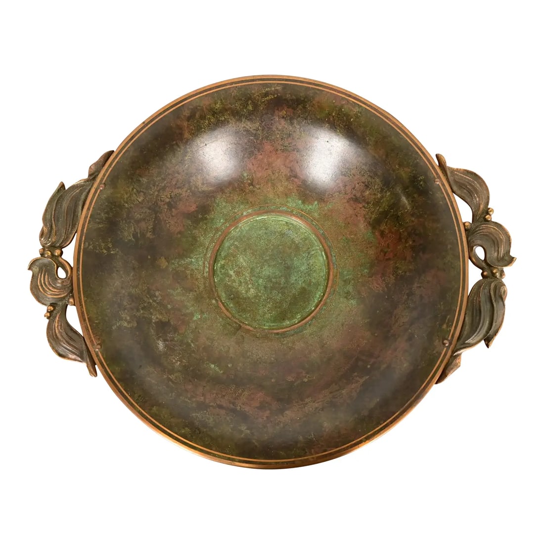Carl Sorensen Art Deco Verdigris Bronze Centerpiece Bowl or Fruit Bowl: A beautiful Art Deco or Arts & Crafts period verdigris bronze centerpiece bowl or fruit bowl with figural leaf and berry handles By Carl Sorensen USA, Early 20th Century Measures: 14.25"W x 11.5"D x 2