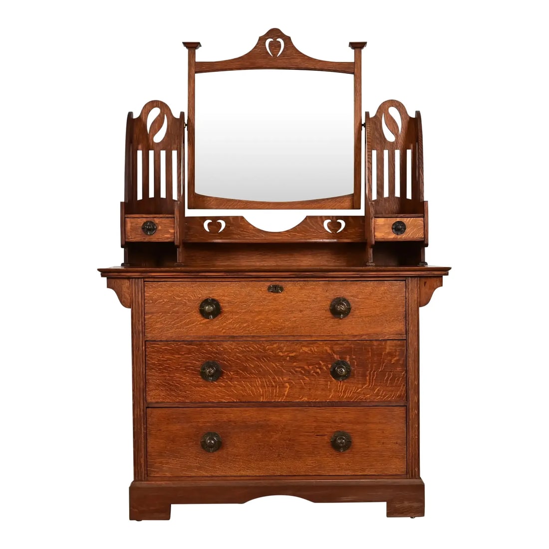 Liberty & Co. Antique English Mission Oak Arts & Crafts Vanity Dresser With Mirror, Circa 1900: A gorgeous antique Mission, Arts & Crafts, or Art Nouveau period vanity dresser or chest of drawers with mirror Attributed to Liberty & Co. England, Circa 1900 Gorgeous quarter sawn tiger oak, with or