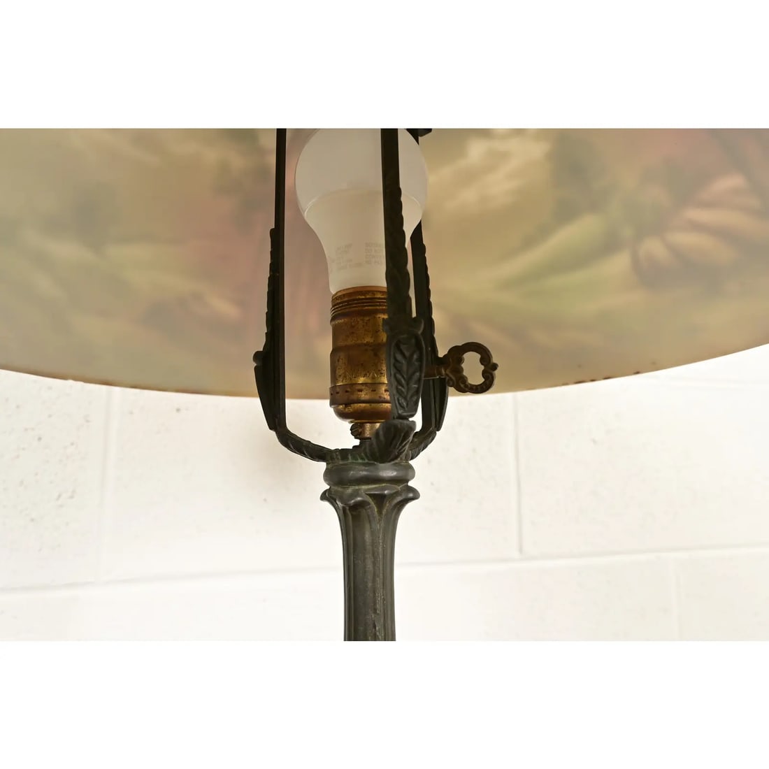 Antique Arts & Crafts Table Lamp With Painted Glass Landscape Scene Shade, Circa 1920s - 10