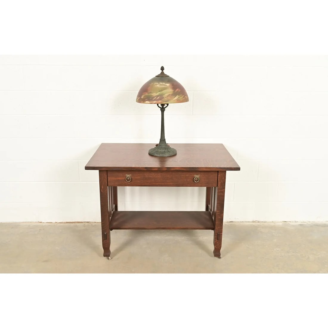Antique Arts & Crafts Table Lamp With Painted Glass Landscape Scene Shade, Circa 1920s - 14