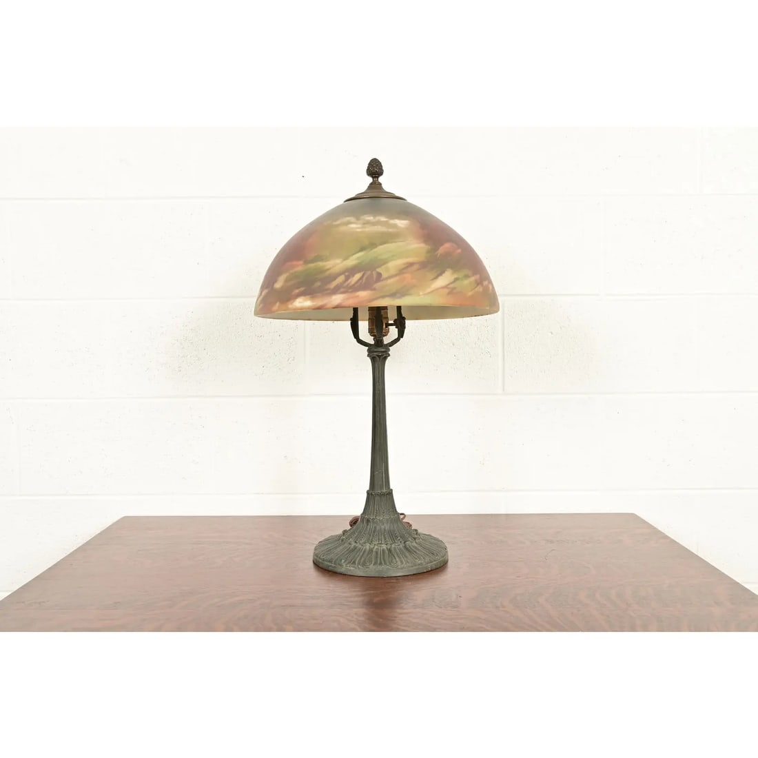 Antique Arts & Crafts Table Lamp With Painted Glass Landscape Scene Shade, Circa 1920s - 15