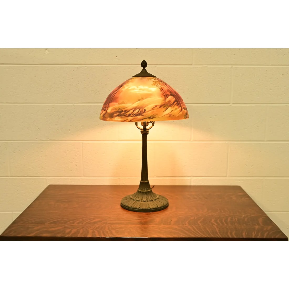 Antique Arts & Crafts Table Lamp With Painted Glass Landscape Scene Shade, Circa 1920s - 16