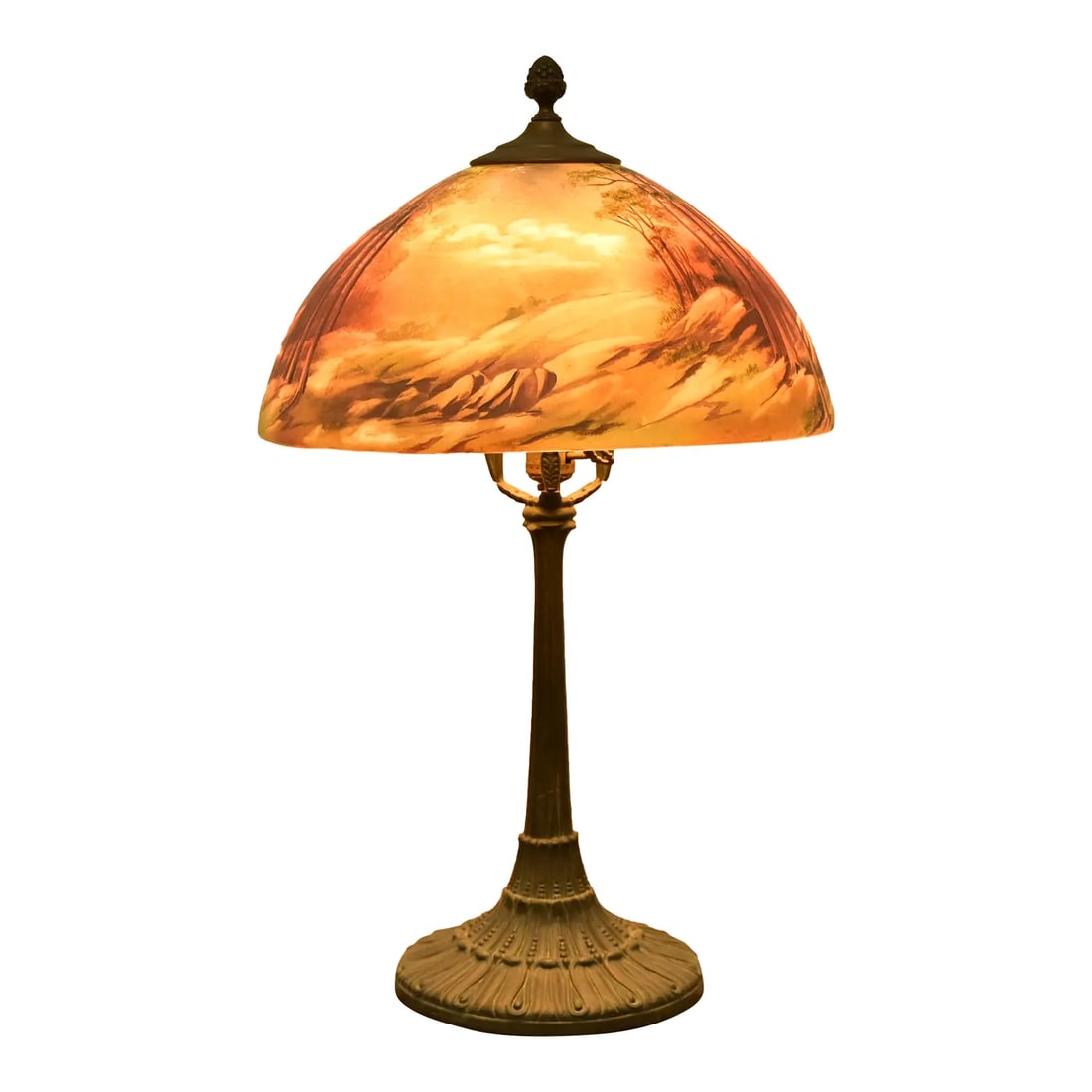 Antique Arts & Crafts Table Lamp With Painted Glass Landscape Scene Shade, Circa 1920s (1 of 16)