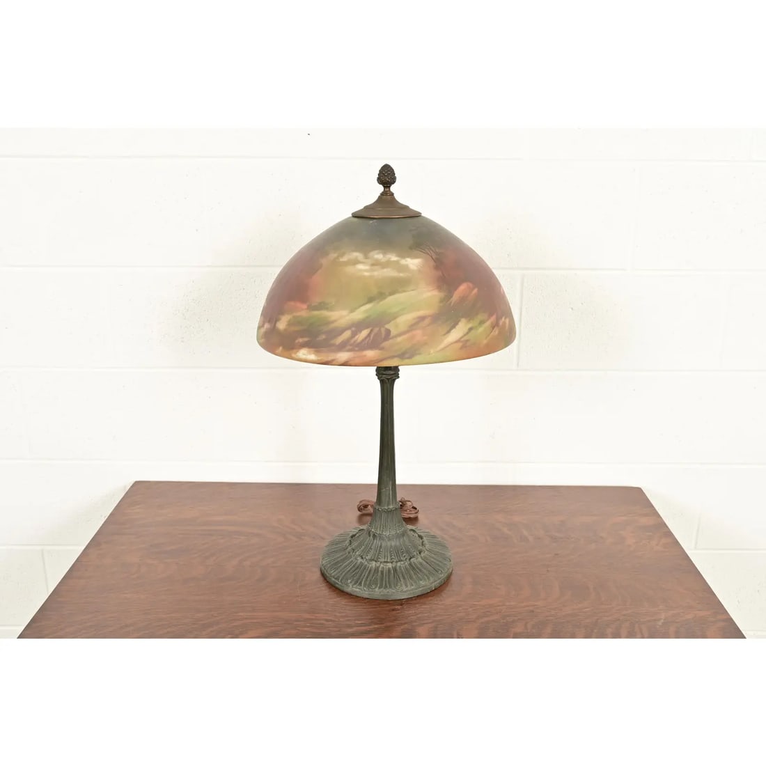 Antique Arts & Crafts Table Lamp With Painted Glass Landscape Scene Shade, Circa 1920s - 3