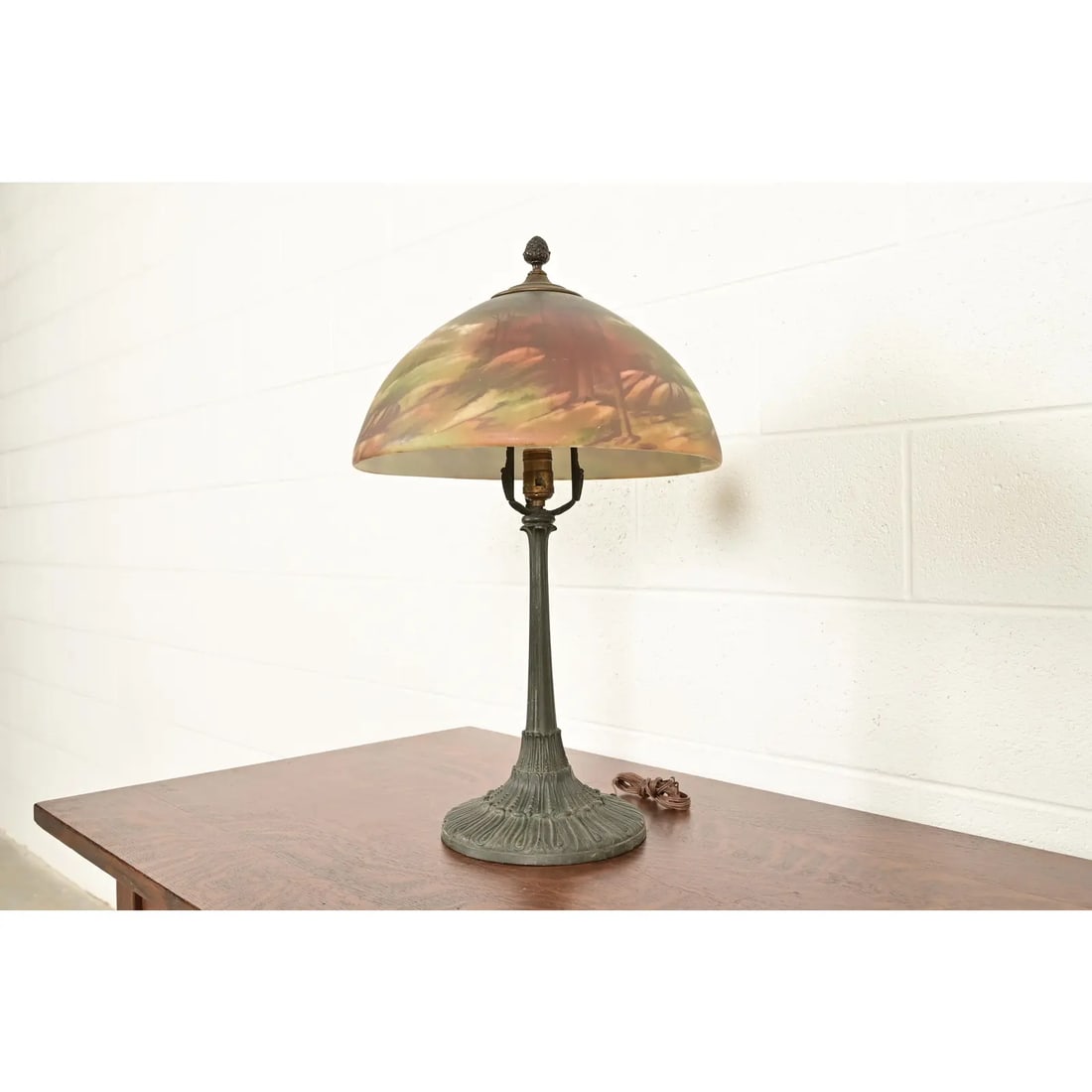 Antique Arts & Crafts Table Lamp With Painted Glass Landscape Scene Shade, Circa 1920s - 4
