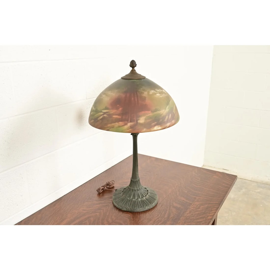 Antique Arts & Crafts Table Lamp With Painted Glass Landscape Scene Shade, Circa 1920s - 5