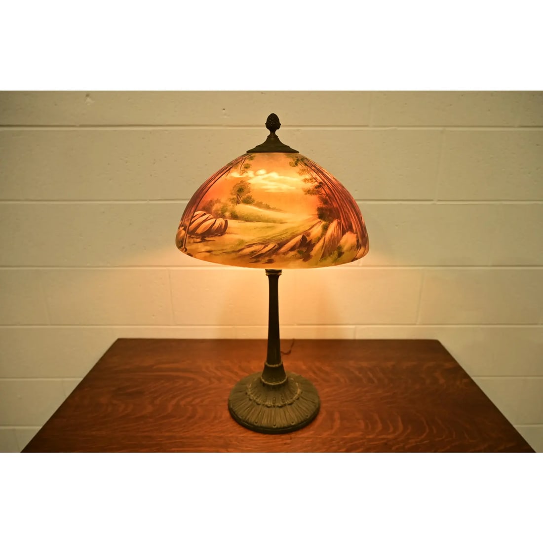 Antique Arts & Crafts Table Lamp With Painted Glass Landscape Scene Shade, Circa 1920s - 6