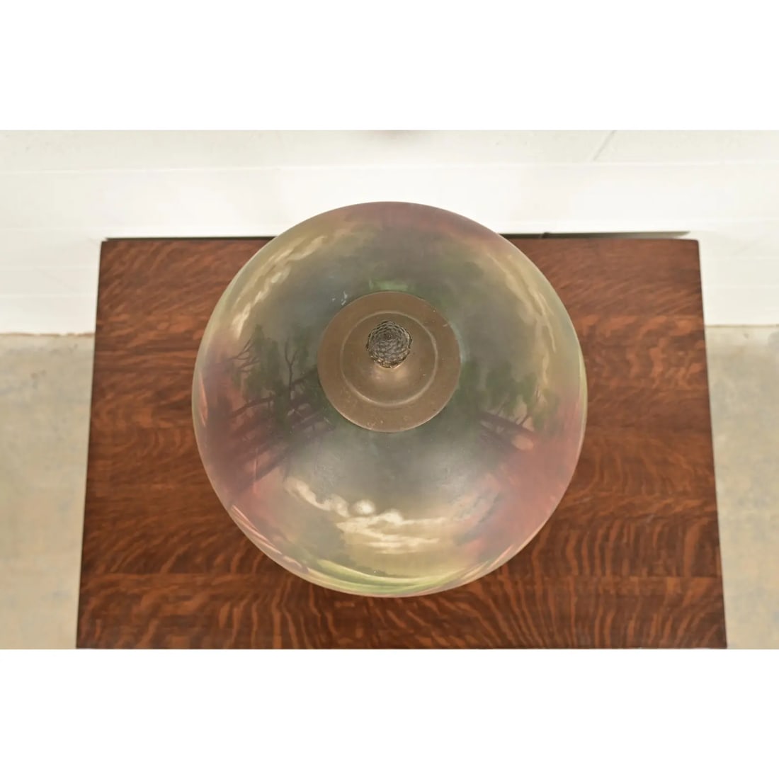 Antique Arts & Crafts Table Lamp With Painted Glass Landscape Scene Shade, Circa 1920s - 7