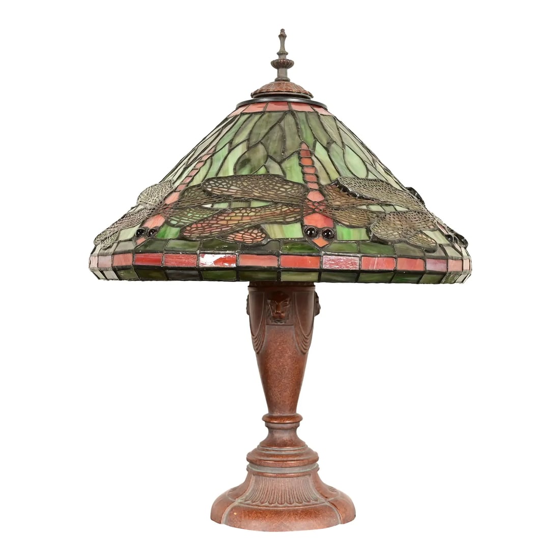 Late 20th Century Tiffany Studios Style Arts & Crafts Table Lamp With Dragonfly Stained Glass Shade: A gorgeous Arts & Crafts style stained glass table lamp In the manner of Tiffany Studios USA, Circa Late 20th Century Patinated metal base, with jeweled stained glass dragonfly shade. Measures: 16"W x