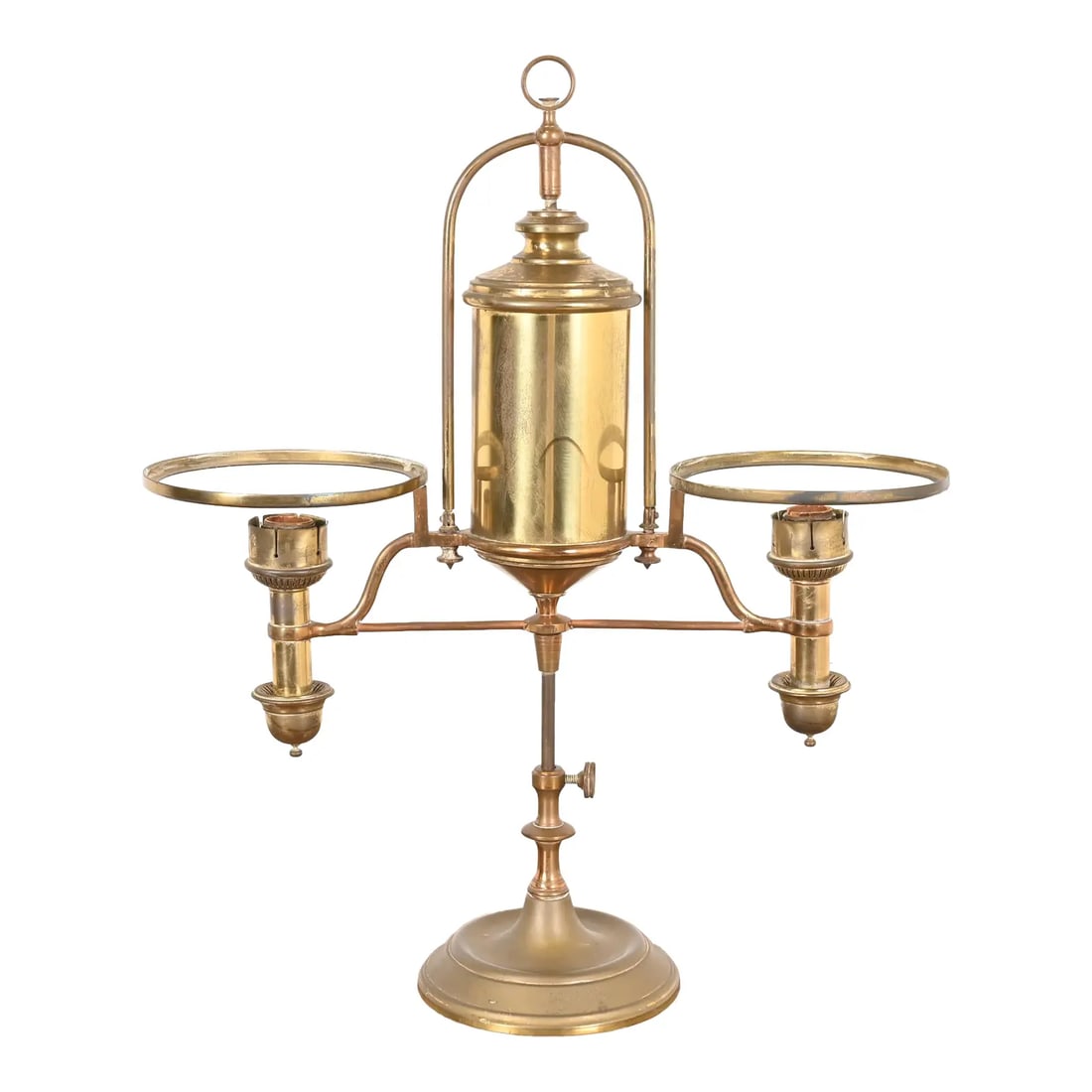 Antique Tiffany Studios Style Brass Double Arm Student Lamp, Circa 1910: A gorgeous antique Arts and Crafts or Art Deco brass double arm student lamp or desk lamp In the manner of Tiffany Studios USA, Circa 1910 Measures: 20.5"W x 7"D x 24.25"H. Very good vintage condition