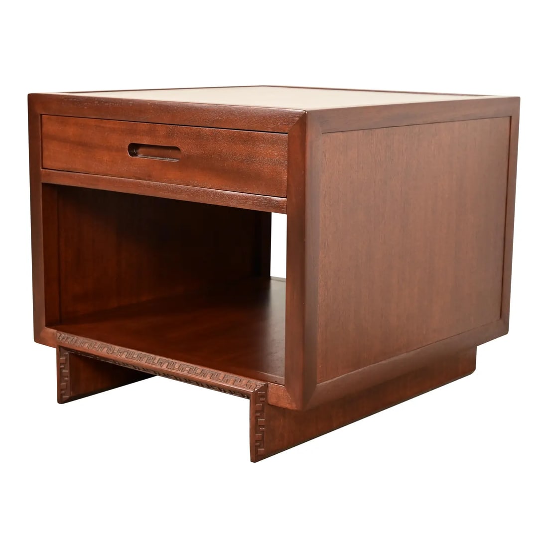 Frank Lloyd Wright for Heritage Henredon Taliesin Mahogany Nightstand or Side Table: A rare and exceptional Mid-Century Modern "Taliesin" two-tier nightstand or side table By Frank Lloyd Wright for Heritage Henredon USA, 1950s Measures: 26"W x 27"D x 23"H. Mahogany, with iconic carved