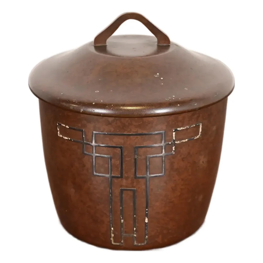 Heintz Arts & Crafts Sterling Silver on Bronze Humidor: A beautiful Arts & Crafts period sterling silver on bronze lidded canister, tea caddy, or humidor cigar box By Heintz Art Metal Shop USA, Early 20th Century Measures: 6"W x 6"D x 6.25"H. Good original