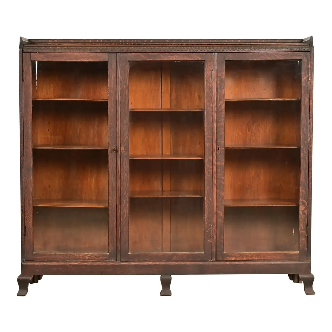 R. J. Horner Style Victorian Carved Oak Glass Front Triple Bookcase, Circa 1890s (1 of 12)